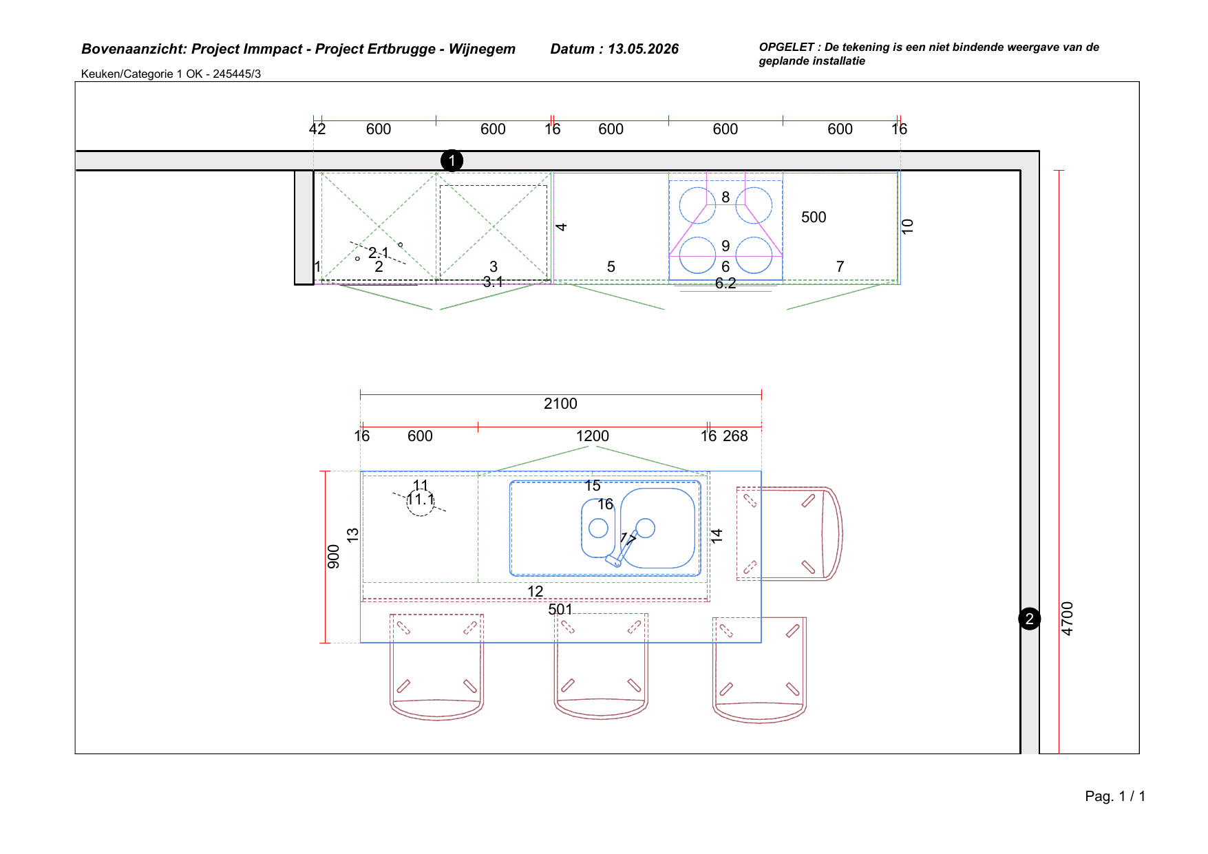 Technisch bovenaanzicht-plan eilandkeuken circa 4,7 meter, project Immpact/Ertbrugge