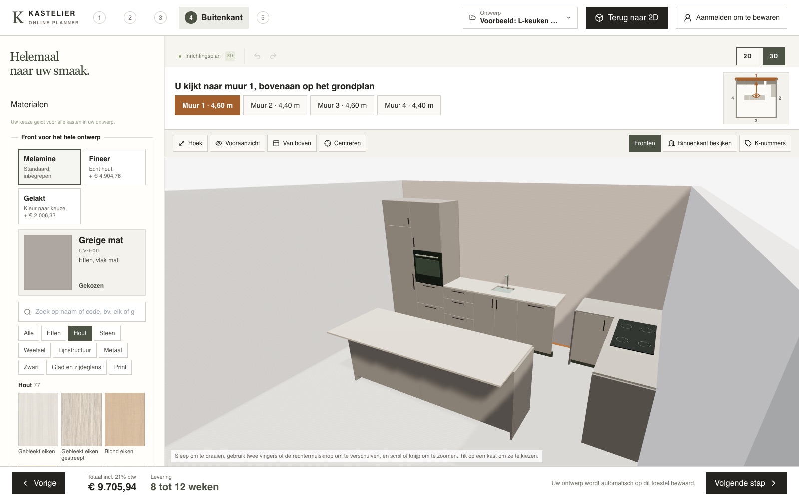 Schermbeeld uit de configurator: de stalenkiezer met houtdecors naast een L-keuken in greige in 3D