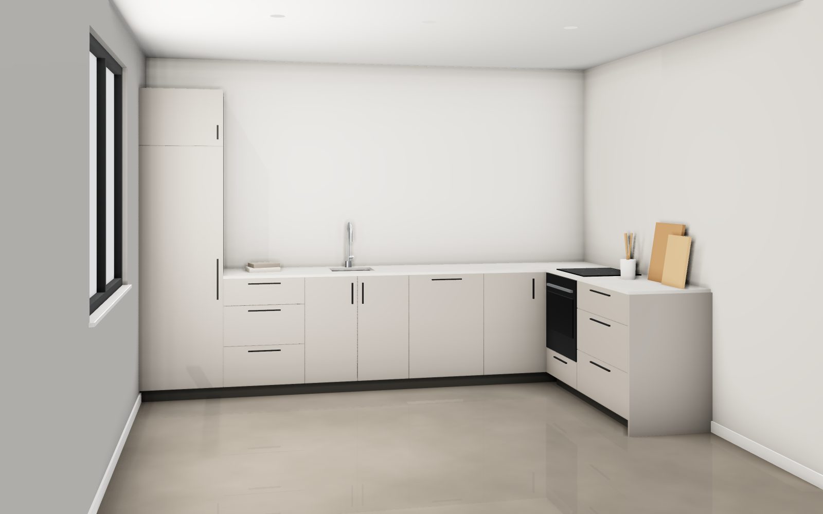 L-keuken in salie met een blinde hoekkast, voorbeeld uit de configurator